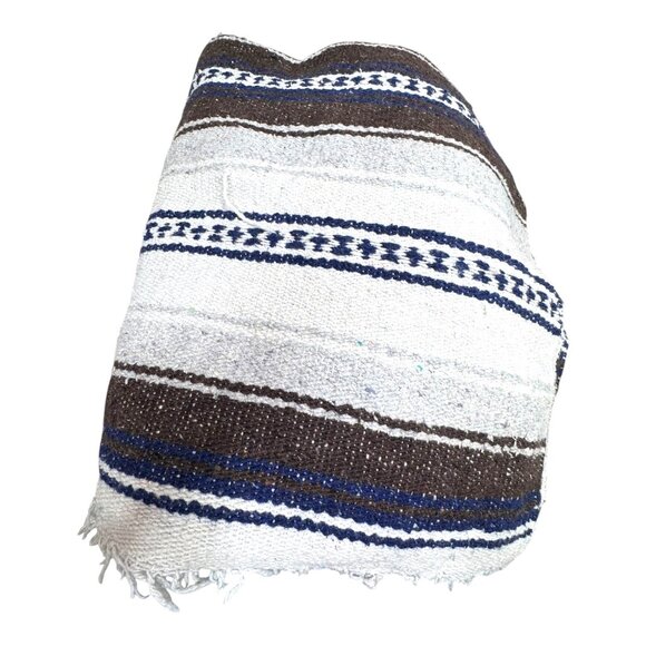 Mexican Artisan Striped Blanket Handwoven Wool Throw Soft Textural Serape Large - Picture 4 of 6